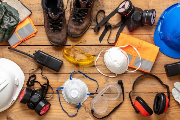 Labor personal protective gear flat lay. Work health and safety for industry and construction site. Protection equipment on wooden background,